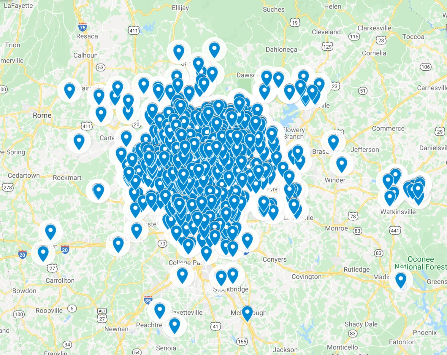 Map of Bird's Eye Roofing completed projects across metro Atlanta